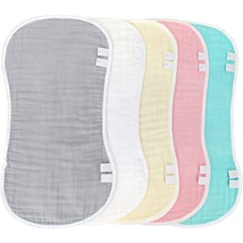 Bilncece Muslin Burp Cloths for Baby Boys and Girls - 6 Layers Thicken Extra Soft and Absorbent, (Multicolored, 5-Piece Set Burp Cloths with Snaps)