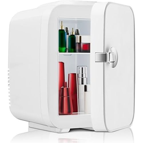 Sweetcrispy Mini Fridge, Portable Small Refrigerator 4L/6 Can Cooler & Warmer Compact Fridges for SkinCare, Food and Drinks, Bedroom, Dorm, Car, Office, White