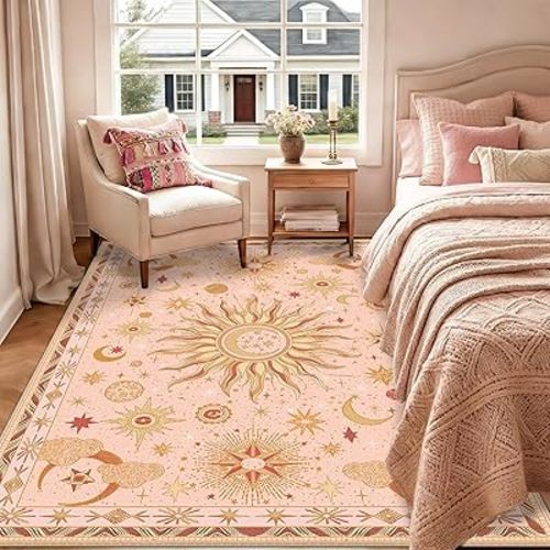 5x7 Area Rugs, Washable Vacuum-Friendly Non-Slip Rug Vintage Boho Gothic Sun and Moon Printed Pattern Low Pile Carpet for Living Room Bedroom Dining Room Hallway Entryway,Pink Gold Beige Red