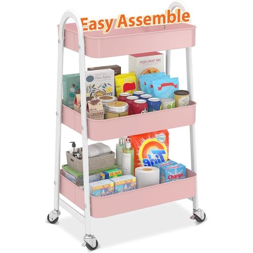 Sekey 3 Tier Rolling Cart Metal, Easy Install Utility Cart on Wheels, Heavy Duty Storage Cart with Lockable Wheels for Baby Nursery, Bathroom, Kitchen, Laundry Room, Pink