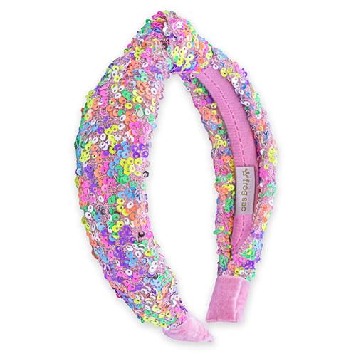 FROG SAC Knotted Headbands for Girls - Rainbow Sequin Knot Head Bands for Kids, Sparkly Toddler Headband, Sparkle Beaded Hair Band Accessories, Easter Basket Fillers Stocking Stuffers