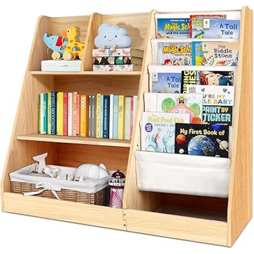 3 Tier Wooden Bookshelf for Kids: Five Layer Sling Children Bookcase - Toddler Book Toy Organizer Cabinet Chest for Playroom Nursery Classroom Library