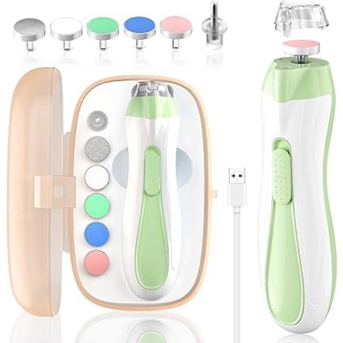 Baby Nail File Electric Baby Nail Care Set with LED Light, Baby Nail Clipper Electric for Newborn/Infants/Adults Toenails and Fingernails, 7 Grinding Head Replacement Pads, Green