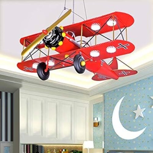 LITFAD Modern Airplane Art Deco LED Pendant Lighting Cartoon Biplane 8 Lights Chandelier Red Metal LED Suspended Light Hanging Lights for Amusement Park Living Room Boys Bedroom Children's Room