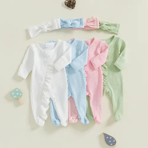 FOCUSNORM 4 Colors Newborn Baby Girls Boys Romper 0-12M Ruffle Trim Long Sleeve Full Length Zipper Footed Jumpsuits Bow Headband - AliExpress