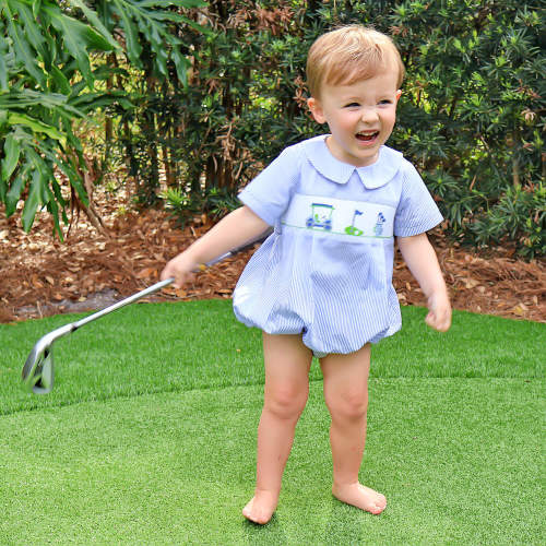 Golf Course Blue Stripe Smocked Collared Bubble