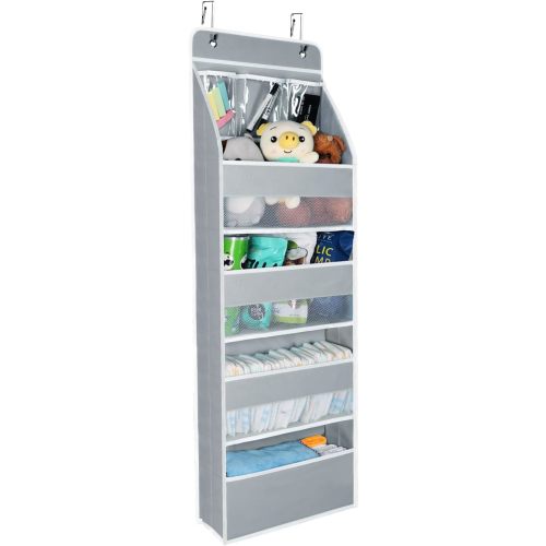 Univivi Door Hanging Organizer Nursery Closet Cabinet Baby Storage with 4 Large Pockets and 3 Small PVC Pockets for Cosmetics, Toys and Sundries (Grey)