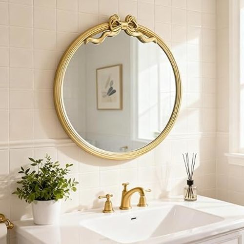 15.75" Gold Bow Decorative Round Mirror, Metal Frame Hanging Circle Mirror, Wall Mounted for Entryway, Bathroom, Vanity, Living Room
