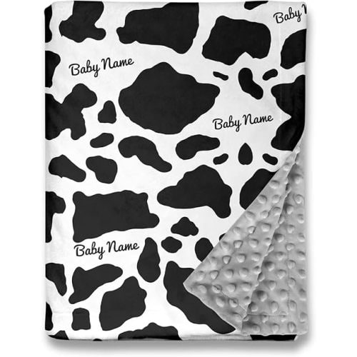 Cow Print Baby Blanket Custom Name for Newborn Boys, Super Soft Double Layer Toddler Crib Blanket, Dotted Backing, 30 x 40 inch, Cow Pattern, Personalized