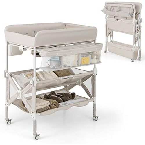 HONEY JOY Changing Table, Foldable Baby Mobile Nursery Organizer w/Wheels, Adjustable Heights, Storage Bag & Shelves, Waterproof Diaper Changing Station Dresser, Portable for Newborn Infant (Beige)
