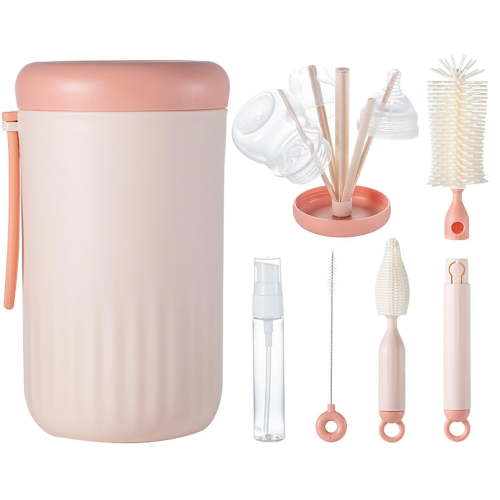 Bottle Cleaning Kit, 6 in 1 Silicone & Nipple Brush, Straw Brush, Drying Rack, Dispenser, Organizer - Travel Essentials for New Moms