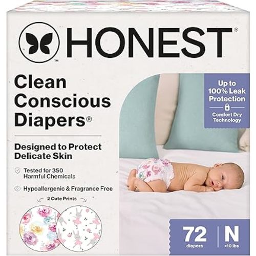 The Honest Company Clean Conscious Diapers for Sensitive Skin | Up to 100% Leakproof | Hypoallergenic, Fragrance Free | Girl Prints | Club Box, Size Newborn, 72 Count (Prints May Vary)