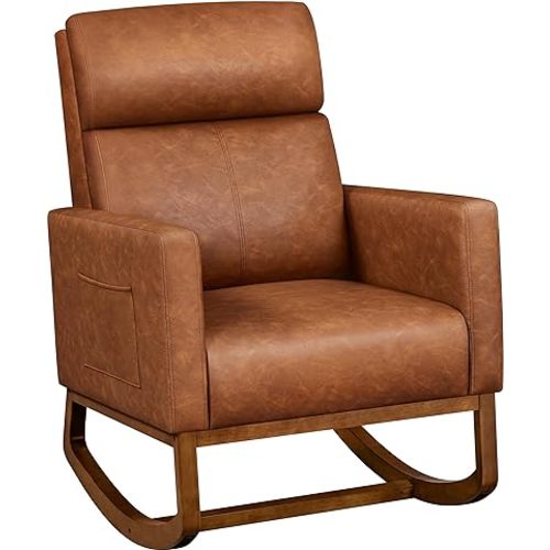 Yaheetech Leather Living Room Chair, Rocking Accent Chair, Modern Nursery Glider Chair with High Back and Side Pocket, Accent Rocker Armchair with Wood Legs for Living Room Bedroom Study, Brown