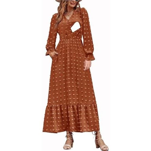 Women Nursing Boho Maxi Dress 2024 V Neck Swiss Dot Smocked High Waisted A-Line Ruffle Tiered Long Dress with Pockets