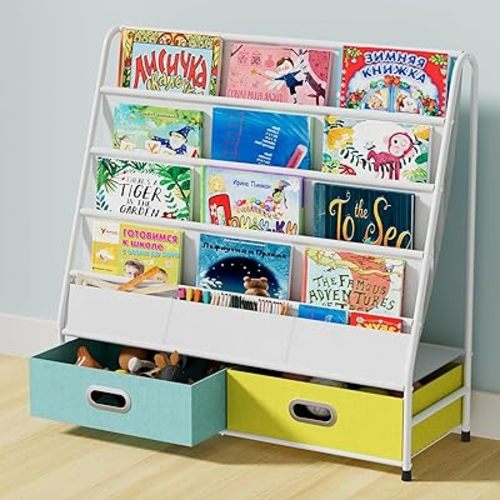 Coonoor Kids Bookshelf - 4 Tier Small Bookcase for Kids Room, Metal Nursery Book Shelf, Sling Book Shelf and Toy Storage for Children, Idea Gifts for Boys and Girls