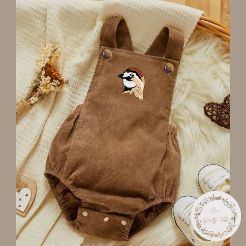 Quail Romper for Tiny Woodland Adventurers | Bobtail White Quail | Corduroy Romper | Embroidered Quail | Made to Order