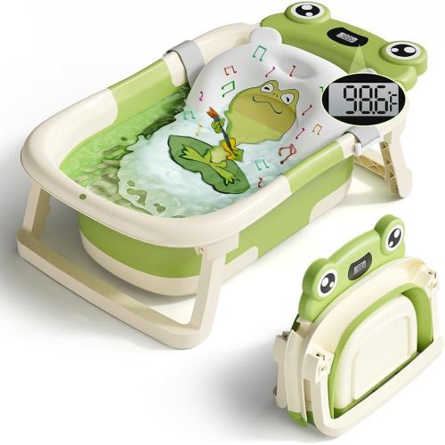 Baby Bathtub, Collapsible Newborn Bathtub for Infant to Toddler 0-24 Months with Soft Cushion and Thermometer,Portable Travel Newborn Tub with No-Slip Feet, Baby Shower Gifts,Green