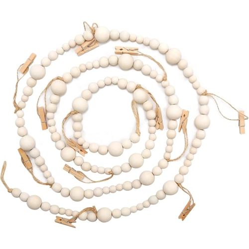 UOIENRT Wooden Beaded Garland, Farmhouse Hanging Garland Boho Style Photo Display for Classroom, Dormitory Decoration, Hanging Cards (6.8Ft)