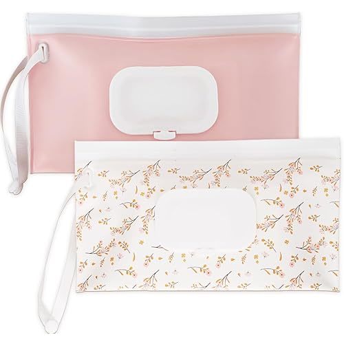 Wipe Dispenser and Wipes Container, 2 Pack Reusable Wipes Holder and Travel Wipes Case, Refillable Pouch for Baby Essentials, Pink & Leaf Design (pink)