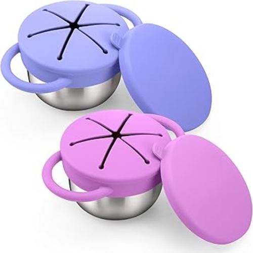 BUSOHA 2 Pack Stainless Steel Toddler Snack Cups - 9 OZ Spill-Proof Baby Snack Containers with Lid Travel Snack Containers for Kids Food Grade Silicone Dishwasher Safe