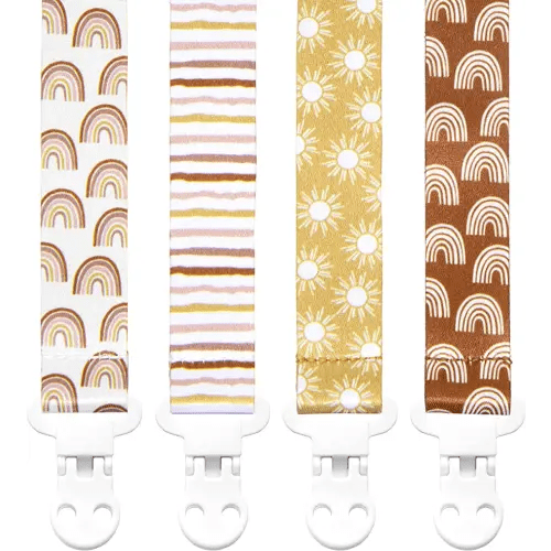 Baby Pacifier Clip Holder - Girl or Boy Unisex 4 Pack Gift Set – Boho Modern Neutral Rainbows Suns Stripes (Boho Baby)