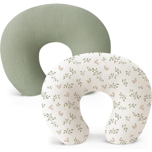 Konssy Muslin Nursing Pillow Covers, Soft and Cute Nursing Covers for Breastfeeding Pillows, Ideal for Newborn Baby Boys and Girls (Fog Green, Sprout) - 2 Pack