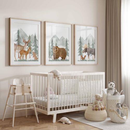 Woodland Nursery Prints: Green Mountain Animal Art, Set of 3