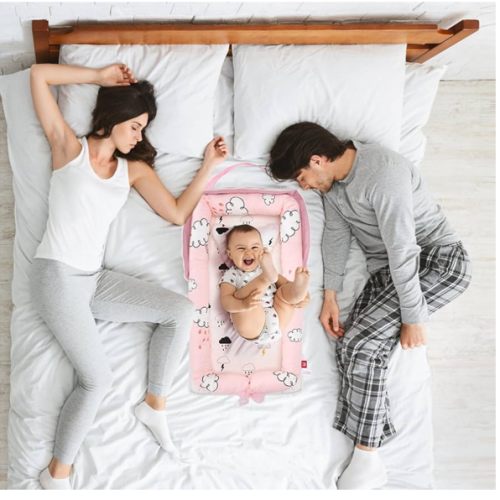Baby Lounger with Strap,Baby Lounger for Newborn Portable,Baby Nest Play Mat Adjustable Size & Inner Zipper Lengthen Space to 24 Months(Rain Cloud)