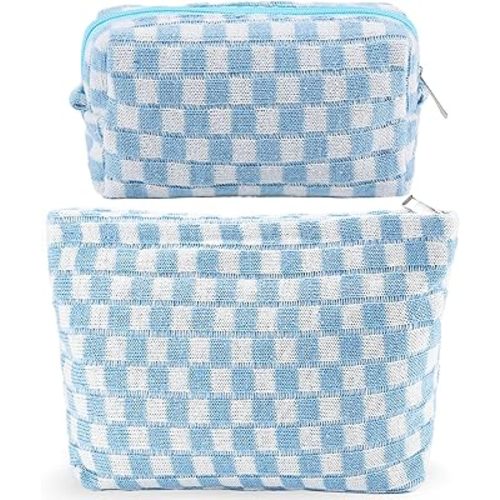 2Pcs Checkered Makeup Bag for Women Large Cosmetic Bag Set Travel Toiletry Bag Makeup Pouch Bag for Purse Blue Zipper Storage Bag Organizer Cute Small Aesthetic Girls Car Essentials Bag