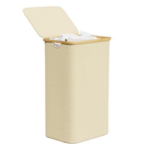 Laundry hamper with lid features bamboo handle,beige-spaceaid