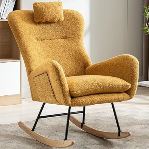 Nursery Rocking Chair, Teddy Upholstered Glider Rocker, Rocking Accent Chair with High Backrest, Comfy Rocking Accent Armchair for Living Room, Bedroom, Offices(Turmeric)