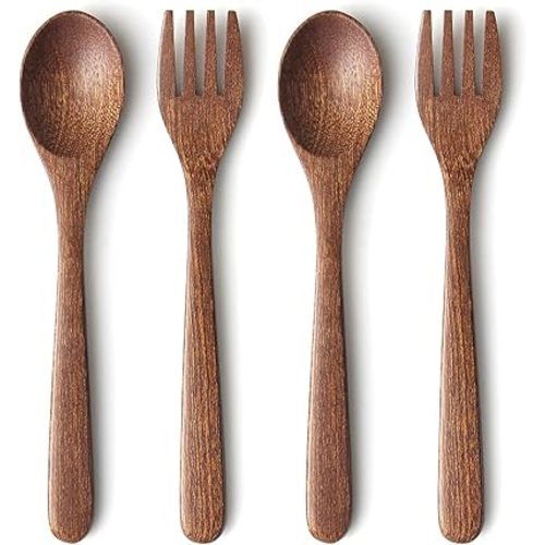 YFWOOD 4-Pieces Natural Wooden Kids Utensils Set, Child Forks and Spoons, Toddler Safe Flatware Hand polishing Anti-slip Portable and ultra light