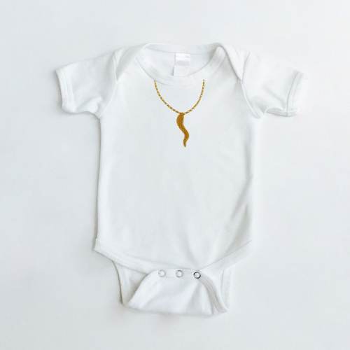 Italian Horn Chain Necklace - Cornicello Embroidered Baby One Piece | Malocchio Portafortuna | Red Horn | Italian Gifts | Baptism Outfit