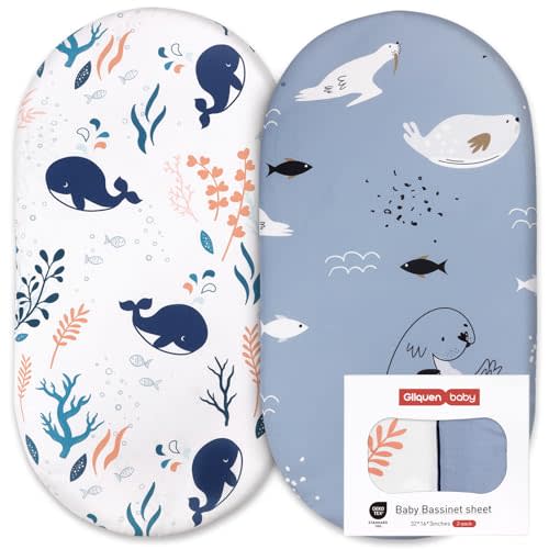 Gllquen Baby Bassinet Crib Sheets Set, Breathable Cozy Fitted Mattress Sheet, Elastic Travel Crib Fashionable Floral Pattern, Standard Cradle Safe Sheets for Baby Boy Girls 32"X16" (Sea Lions)