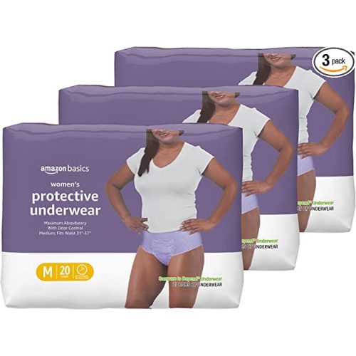 Amazon Basics Women's Protective Underwear, Incontinence & Postpartum, Maximum Absorbency, Medium, Lavender, 60 Count, (3 Packs of 20)