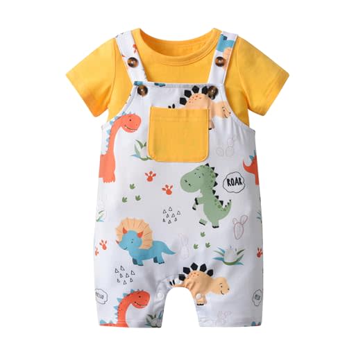 Velopvice Infant Baby Boy Summer Clothes Short Sleeve Solid Color T-Shirt Cartoon Dinosaur Print Suspender Shorts Outfit Set