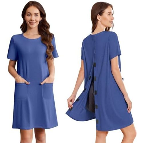 Deyeek Open Back Hospital Gowns for Women Tear Away Short Sleeve Post Surgery Soft Nightgowns for Elderly Women With Pocket