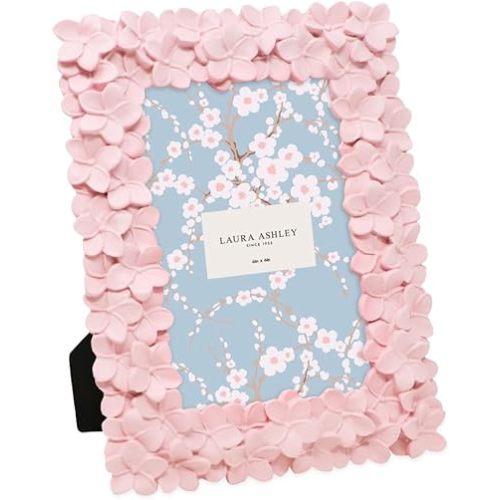 Laura Ashley 4x6 Pink Flower Textured Hand-Crafted Resin Picture Frame with Easel & Hook for Tabletop & Wall Display, Decorative Floral Design Home Décor, Photo Gallery, Art, More (4x6, Pink)