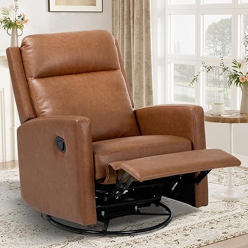 COLAMY Swivel Rocking Recliner,Wide PU Leather Glider Sofa Chair with Ergonomic High Backrest for Living Room,Bedroom,Cocoa