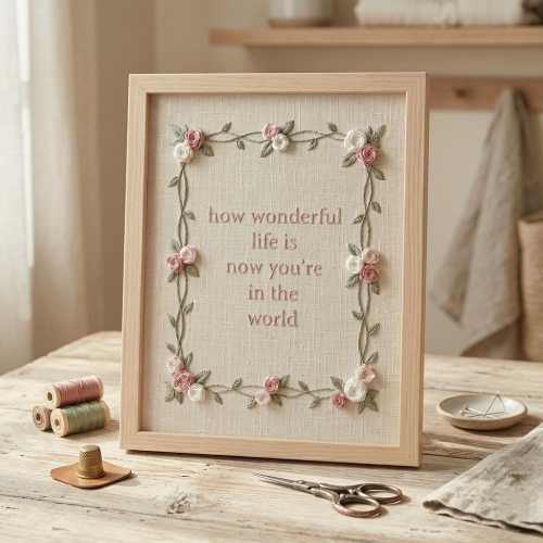 How Wonderful Life Is Now You’re In The World Embroidery Frame, Hand Embroidered