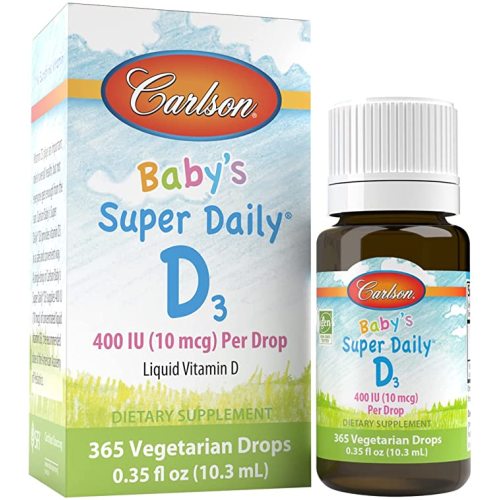 Carlson - Baby's Super Daily D3, Baby Vitamin D Drops, 400 IU (10 mcg) per Drop, 1-Year Supply, Vegetarian, Liquid Vitamin D Drops for Infants and Toddlers, Unflavored, 365 Drops