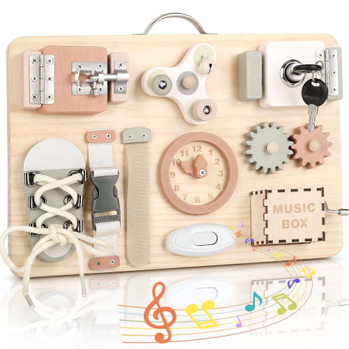 Joyreal Toddler Busy Board - Wooden Sensory Board Activity Board for Fine Motor Skills, Travel Baby Busy Board Sensory Toy for Kids