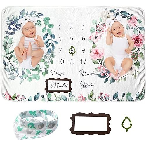 Twins Baby Milestone Blanket for Boys & Girls, Premium Flannel Photography Background Prop Blankets, Neutral Boho Floral…