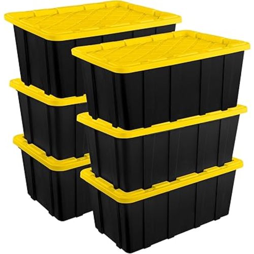 Sterilite 6-Pack Stackable Storage Bins, Heavy Duty Totes w/ Lids, 27 Gallon, Black/Yellow