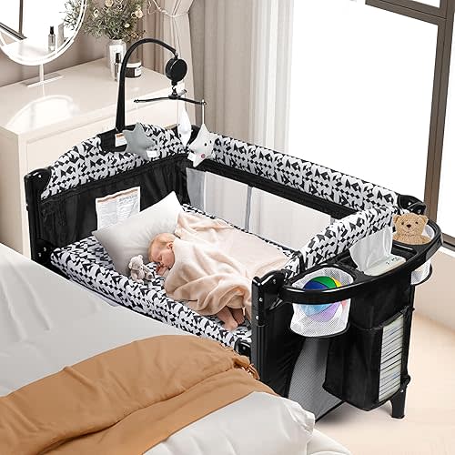 Xilingol 5-in-1 Baby Bassinet Bedside Sleeper, Baby Pack and Play with Changing Table, Portable Crib with Carry Bag, Cosleeper Bassinet Attach to Bed for Newborn to Toddlers