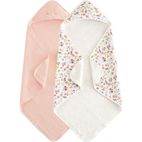 david's kids 2 Pack Hooded Baby Towels, Large 32"x32", 6 Layer 100% Muslin Cotton Highly Absorbent Girl Bath Towel for Infant Toddler and Kids, Soft and Breathable Baby Essentials, Floral & Butterfly