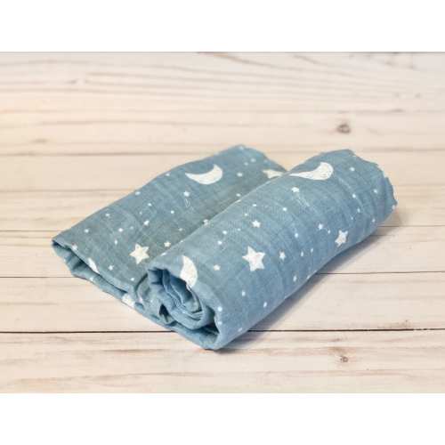 Neutral Blue Moon & Star Organic Bamboo Muslin Baby Swaddle Blanket