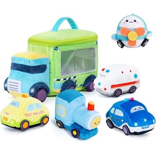 OUOZZZ Baby Boy Gifts My First Soft Cars Toys - 6 Pieces Plush Playset Stuffed Cars Presents with Squeaker, Bell Ringing Sensory Dolls Birthday Gifts for Toddler Infant Boys 24cm
