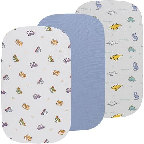 Onacosht Muslin Bassinet Sheets 3 Pack, 100% Cotton Baby Sheet 35" X 20" Compatiable with AMKE 3 in 1 Bassinets, MiClassic, Uiuwoo, Foalom, YADAQE, Milliard and TCBunny Bassinet, Dinosaur Car and Blue