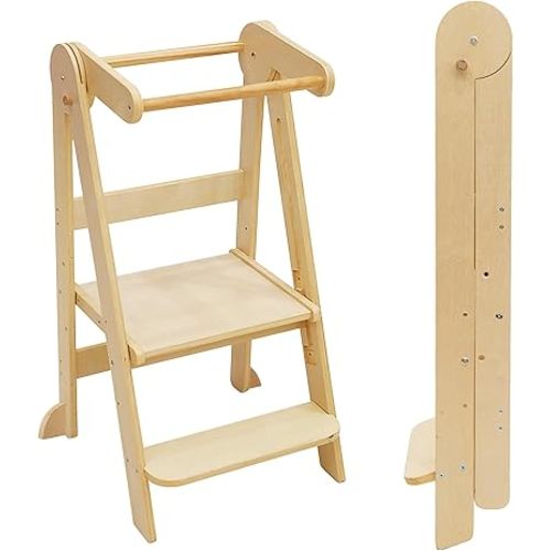 Foldable Toddler Tower, Kitchen Step Stool, Folding Tower for Learning with 3 Adjustable Heights Montessori Toddler Standing Tower Collapsible Step Stool for Kids 1-6 Years Natural